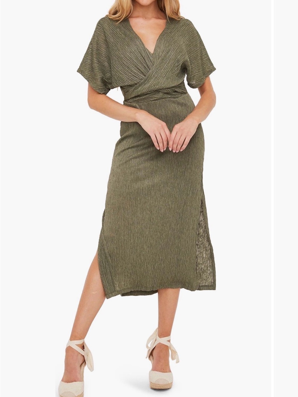 All in Favor Women’s Olive Green Pleated Midi Dress Size L